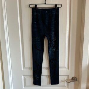 Butterfly Print High Rise Denim-Look Jeggings - Laser Cutout Detail - S/M/L